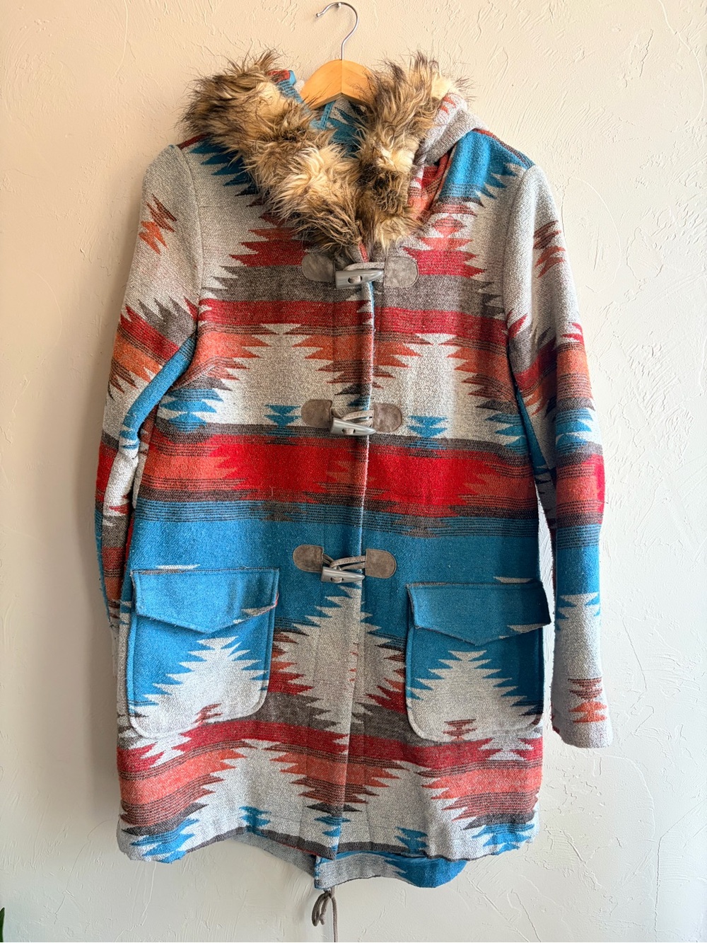 BB Dakota Long Duffle Coat Aztec Southwestern Hood Toggle Faux Fur S Boho